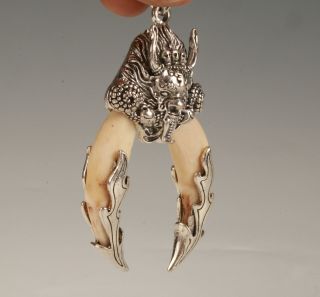 Chinese Tibetan Silver Teeth Handmade Carving Dragon Pendant Spiritual Gift