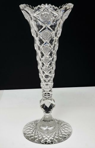 Huge Antique Signed Hawkes American Brilliant Cut Glass Vase Queens Pattern 18 "