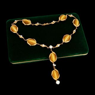 Antique Vintage Deco Mid Century 14k Gold 188 Ct Cats Eye Chrysoberyl Necklace