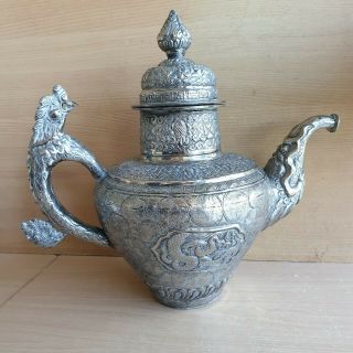3 Old Antique Chinese Tibetan Asian Metal Silver - Plated Carved Dragon Pot