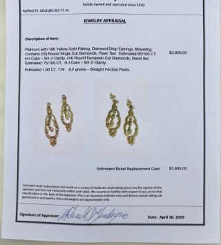 ANTIQUE PLATINUM & 18K GOLD 1.  60 CT.  OLD EUROPEAN CUT DIAMOND DANGLE EARRINGS 11