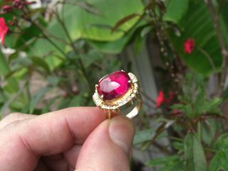 Vintage 23.  29ct Wild Cherry Red Ruby Cabochon Diamond 14k Gold Halo Ring Estate