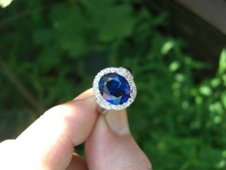 Vintage 8.  55ct Ceylon Blue Sapphire Diamond 14k Gold Halo Ring Oval Cut Estate