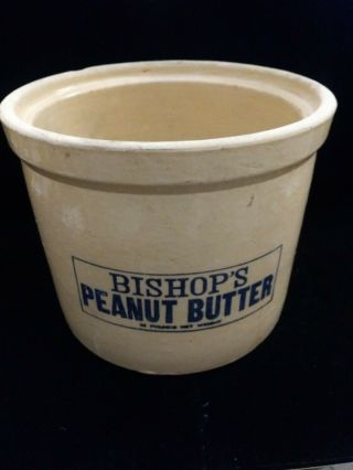 Large Bishops Peanut Butter Stoneware Crock No Lid - Blue Logo