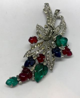 Big Early Trifari Alfred Philippe Fruit Salad Pin - Red Green Blue Carved Stones