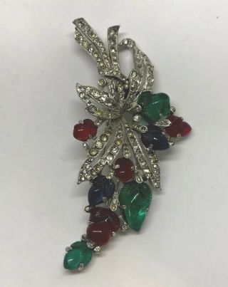Big Early Trifari Alfred Philippe Fruit Salad Pin - Red Green Blue Carved Stones 3