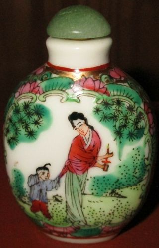 Antique Chinese Oriental Hand Painted Snuff Bottle With Jade Top 2 1/2 "