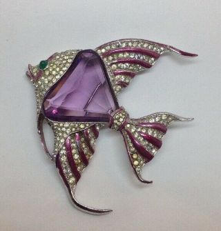 Rare Alfred Philippe Enameled Angelfish Pin - Huge Faceted Purple Belly
