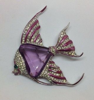 Rare Alfred Philippe Enameled Angelfish Pin - Huge Faceted Purple Belly 2