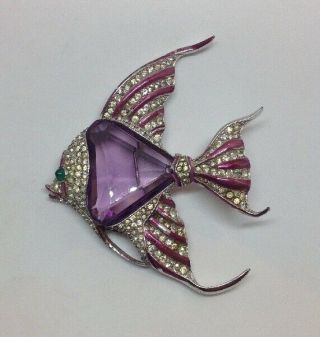 Rare Alfred Philippe Enameled Angelfish Pin - Huge Faceted Purple Belly 3