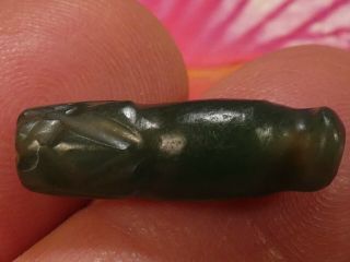 Ancient Pyu Kingdom Green Chalcedony Agate Tiger Amulet Bead 22.  1 By 6.  7 Mm