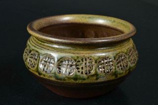 S7080: Japanese Tokoname - Ware Brown Pottery Green Glaze Waste - Water Pot Kensui