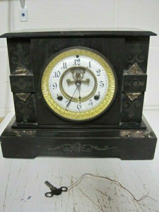 Heavy Waterbury Marble Mantle Clock Patented 1881 W/ Key Stately & Regal Looking