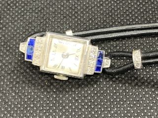 Art Deco Platinum White Diamond And Sapphire Watch On A Leather Strap