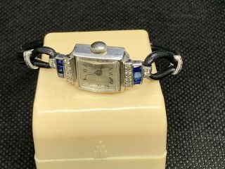 Art Deco Platinum white Diamond and sapphire watch on a leather strap 3
