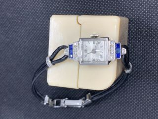 Art Deco Platinum white Diamond and sapphire watch on a leather strap 5