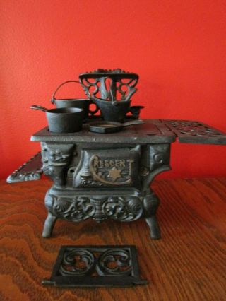Antique Crescent Cast Iron Wood Burning Stove Salesman Sample Toy W/ Accessories