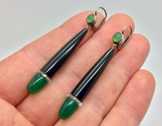 Antique Edwardian - Art Deco Onyx Green Chrysoprase Rock Crystal Pendant Earrings