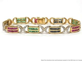 Natural Emerald Sapphire Ruby Diamond 14k Gold Bracelet 5.  65ct Vintage Statement