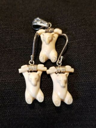 Ancient Ivory Polar Bear Pendant & Earrings Silver,  Handmade - Hanging Bear