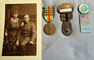 Aef 77th Div Doughboy Group: Wwi Victory Medal With 3 Battle Clasps,  Photo,  More