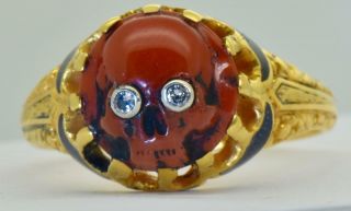 Antique Victorian 18k Gold,  Enamel,  Diamonds&coral Cameo Skull Memento Mori Ring.