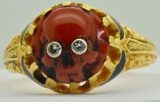 Antique Victorian 18k gold,  Enamel,  Diamonds&Coral Cameo Skull Memento Mori ring. 2