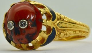 Antique Victorian 18k gold,  Enamel,  Diamonds&Coral Cameo Skull Memento Mori ring. 3