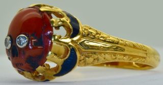 Antique Victorian 18k gold,  Enamel,  Diamonds&Coral Cameo Skull Memento Mori ring. 4