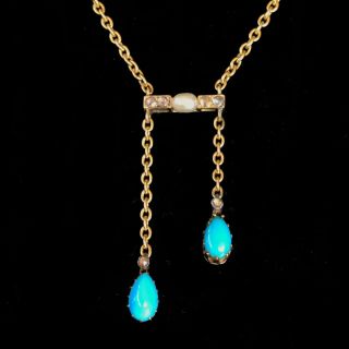 Fabulous Edwardian 18ct Gold Turquoise Pearl & Diamond Lavaliere,  Necklace C1901
