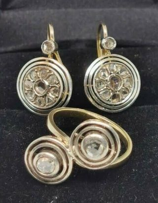 Victorian 19th Century Set Rose Cut Diamonds Ring & Earrings Gold 14k 2.  1 Ctw