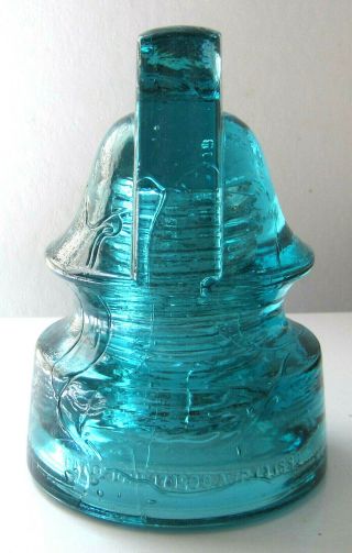 CD 269 Aqua OAKMAN PATENT JUMBO Antique Glass Trolly Insulator GREAT SHAPE RARE 4