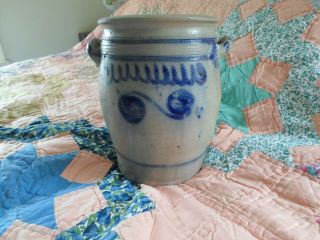 Antique Westerwald Salt - Glazed Stoneware 2 - Handled Crock Pot,  Blue & Grey