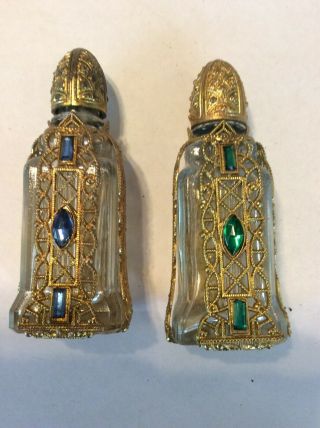 Pair Czech Gilt Brass Filigree Glass Perfume Bottles Jeweled Blue Green 12