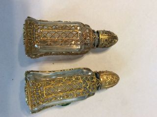 Pair Czech Gilt Brass Filigree Glass Perfume Bottles Jeweled Blue Green 12 3