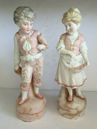 Pair Antique Victorian German Bisque Porcelain Boy Girl Figurines 12 "