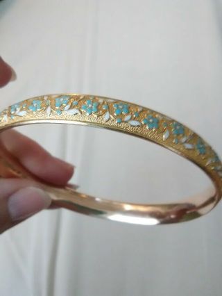 Antique Art Nouveau 14k Bangle Bracelet,  Krementz,  Blue Forget - Me - Not Flowers 6