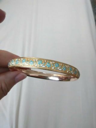 Antique Art Nouveau 14k Bangle Bracelet,  Krementz,  Blue Forget - Me - Not Flowers 7