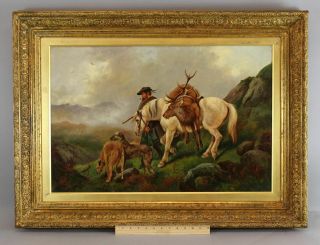 Antique Robert Cleminson Oil Painting Scottish Deerhound Dogs Hunter & Horse