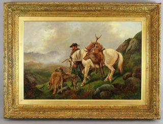 Antique ROBERT CLEMINSON Oil Painting Scottish Deerhound Dogs Hunter & Horse 3