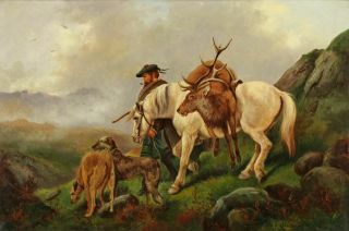 Antique ROBERT CLEMINSON Oil Painting Scottish Deerhound Dogs Hunter & Horse 4
