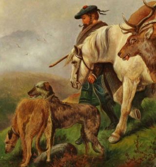 Antique ROBERT CLEMINSON Oil Painting Scottish Deerhound Dogs Hunter & Horse 5