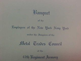 Orig WWI 1919 USS TENNESSEE LAUNCH Souvenir BANQUET MENU NY Naval Yard w FDR, 2