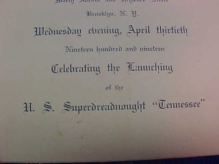 Orig WWI 1919 USS TENNESSEE LAUNCH Souvenir BANQUET MENU NY Naval Yard w FDR, 3