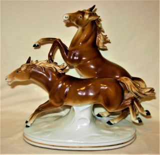 Sitzendorf Carl Scheidig Germany Wild Stallion Horses Porcelain Art Sculpture