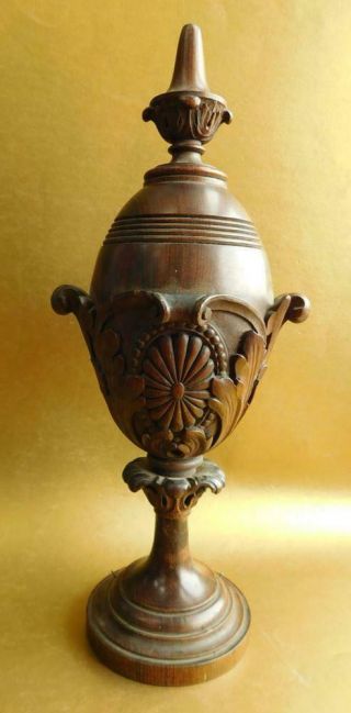 C1800s Antique Carved Turned Wood Egg Form Corbel Standing Ornament
