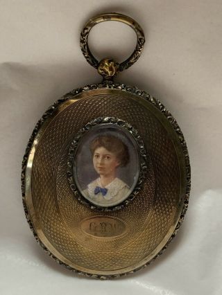 Victorian Georgian Gold Painted Miniature Mourning Pendant Portrait