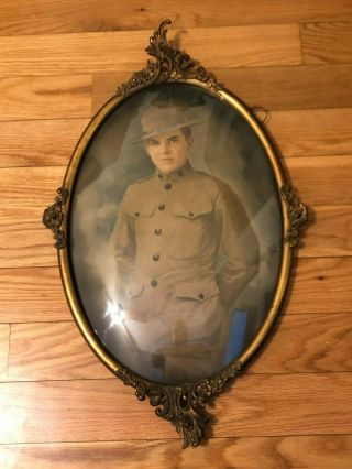 Wwi Military Colored Portrait In Oval Convex Metal Frame