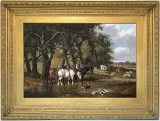 Horses In A Landscape Antique Oil Painting John Frederick Herring (1820–1907)