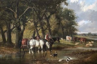 Horses in a Landscape Antique Oil Painting John Frederick Herring (1820–1907) 2
